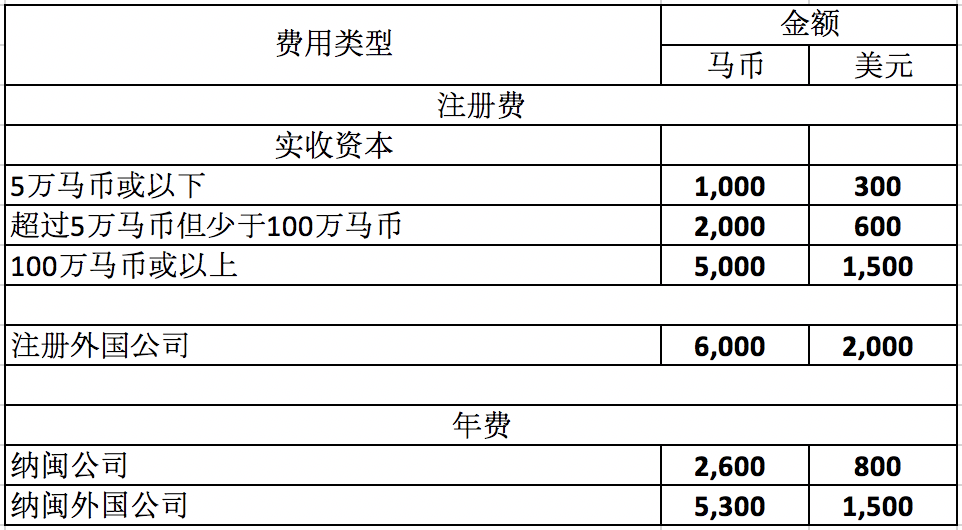 纳闽公司注册费及年费表